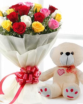 20 mix color roses with teddy bear