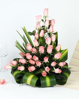 30 pink Roses in cane basket