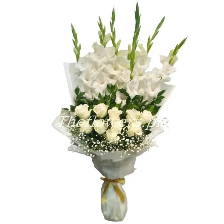 Featuring with 10 white Gladiolus, 10 south African white Roses and 1 baby's breath - Theflowers.pk