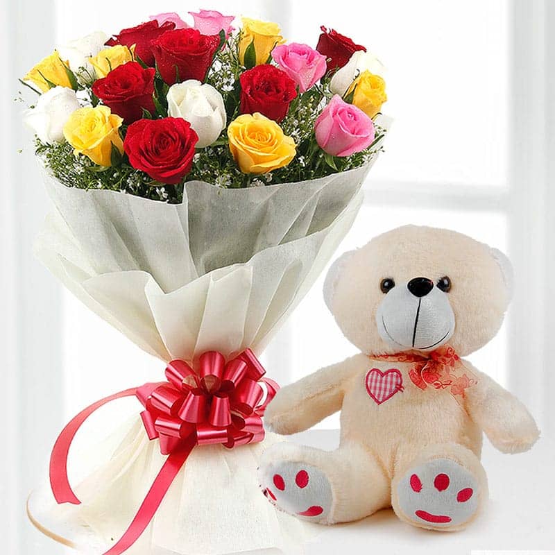 20 mix color roses with teddy bear