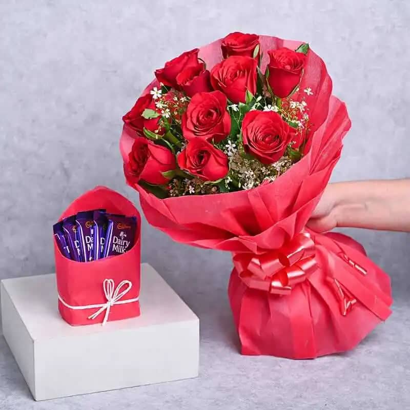 Combination of red roses and dairy milk