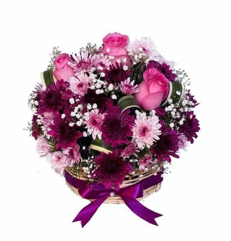 imported pink Roses, purple and pink chrysanthemum with baby's breath
